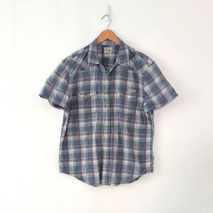 Lucky Brand Western Snap Button Down Short Sleeve Blue Orange Plaid Shirt Large
